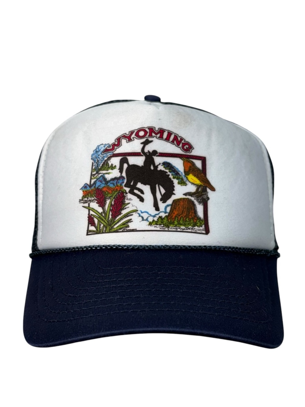 Vintage 80s Wyoming Navy Blue White Cowboy Southern Graphic Trucker Hat Mesh